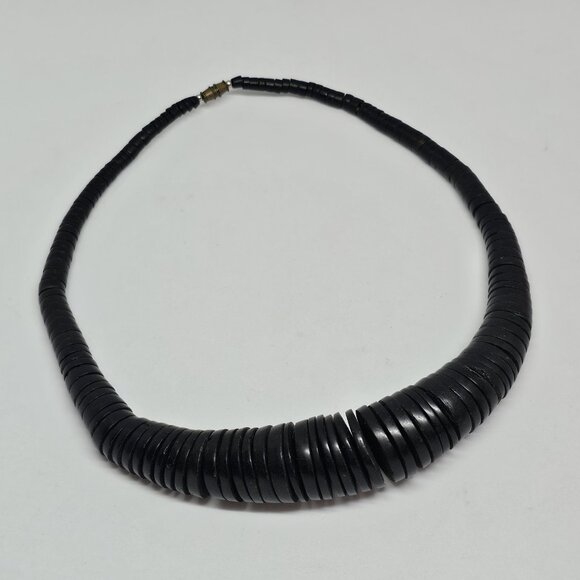 Chunky Graduated Black Wood Disc Beaded Statement Bohemian Necklace 19" - Picture 5 of 12